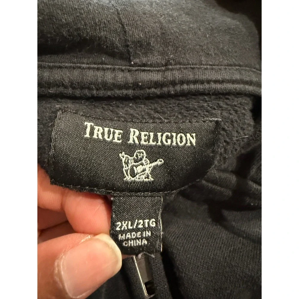 True Religion Mens 2XL Black‎ Buddha Guitar Graphic Full Zip Hoodie Sweatshirt